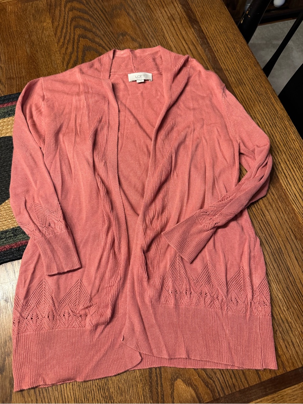 LOFT Pink Dusty Rose Open-Front Lace-Pointelle Cardigan